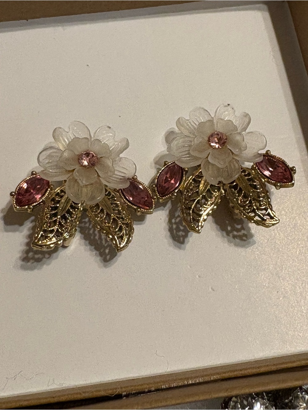 Gold Floral Earrings with Pink Crystals Clip on Antique look